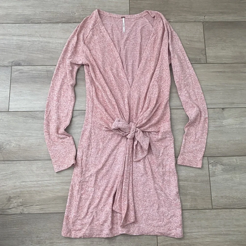 Free People Ginger Cozy Tie Front‎ Sweater Dress Pink V-neck Size Small So Soft!